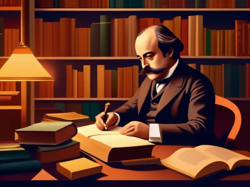 Un retrato digital de alta resolución de Gustave Flaubert en su escritorio, rodeado de libros y papeles