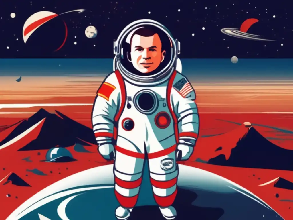 Yuri Gagarin: Héroe del Espacio y la Tierra - Ilustración Digital Un retrato digital de alta resolución de Yuri Gagarin en su icónico traje espacial, frente a la nave Vostok 1 con la Tierra de fondo