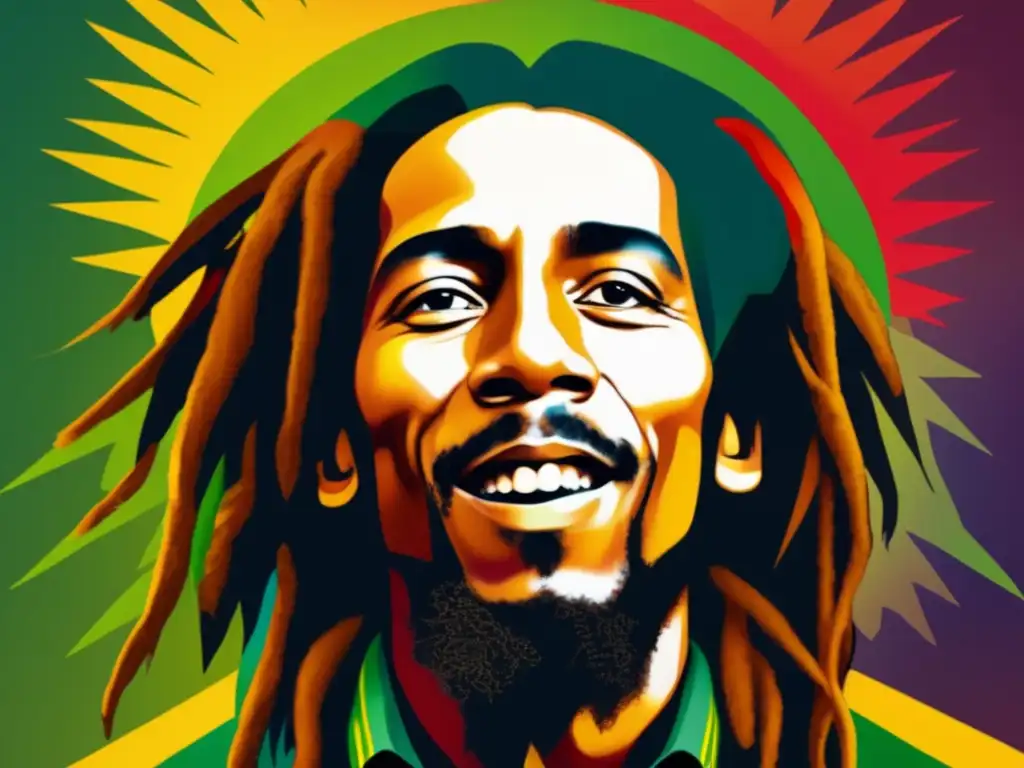 Un retrato digital de alta resolución de Bob Marley, con sus icónicos rastas, colores vibrantes y expresión poderosa