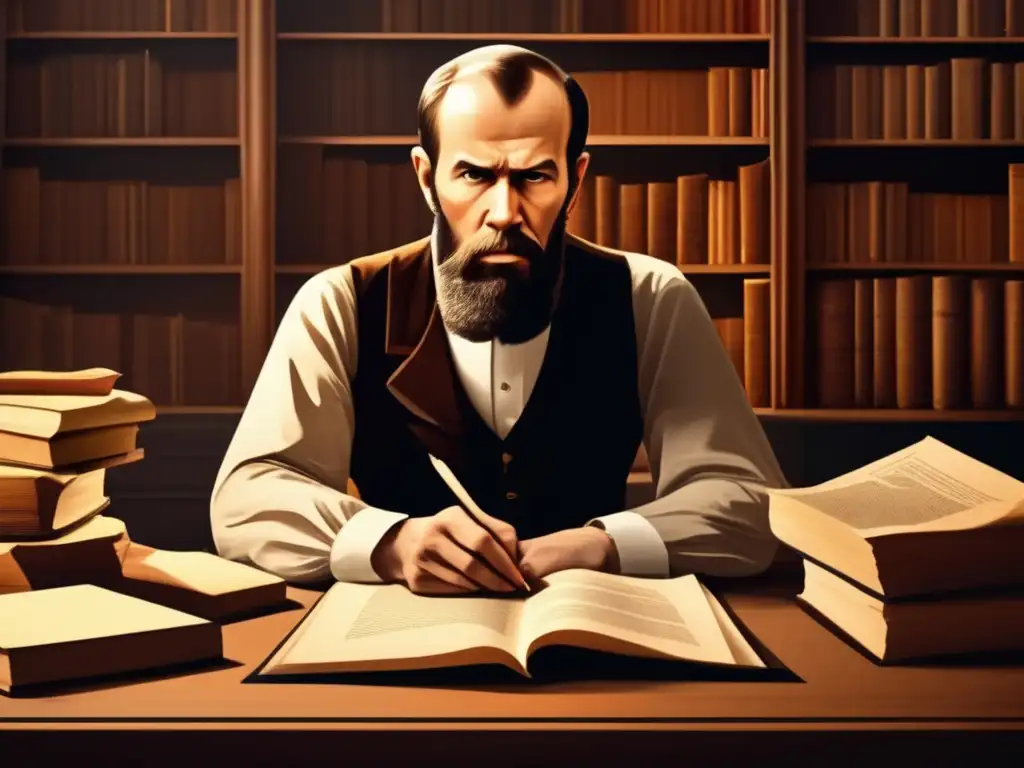 Un retrato digital impactante de Fyodor Dostoyevsky en su escritorio, rodeado de libros y papeles