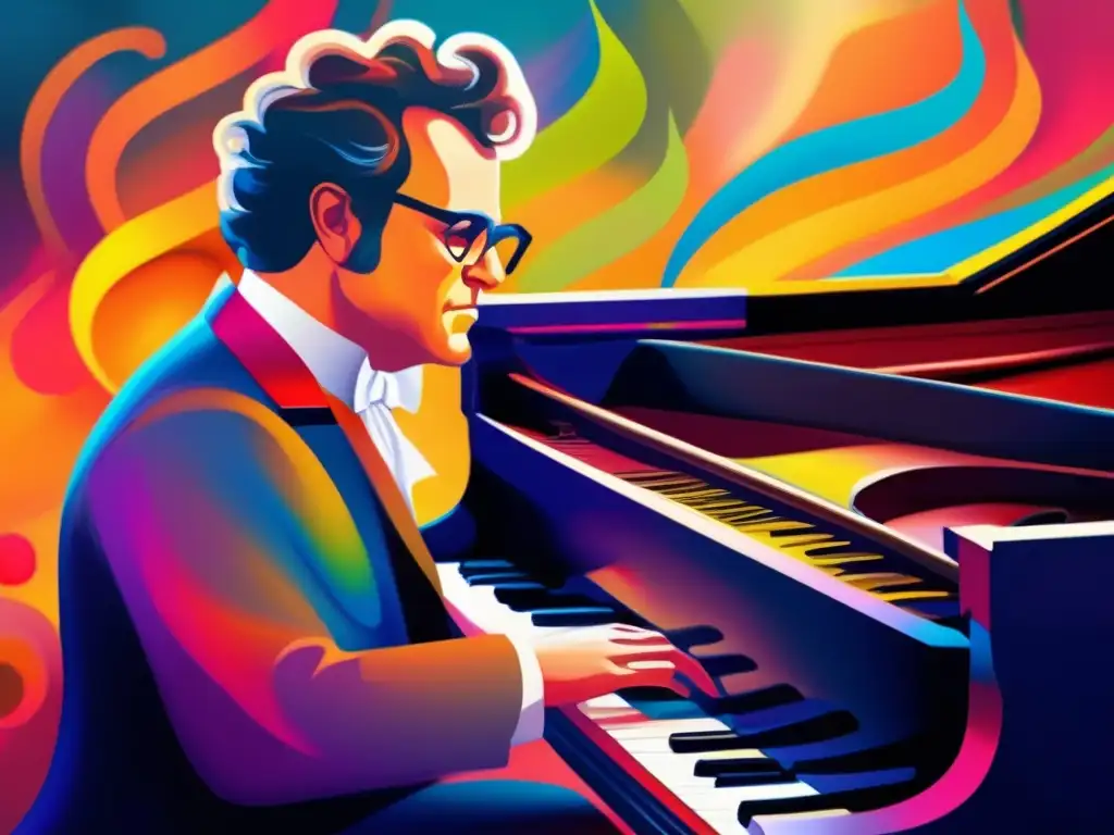 Un retrato digital impactante de Franz Schubert en un piano rodeado de notas musicales y colores vibrantes