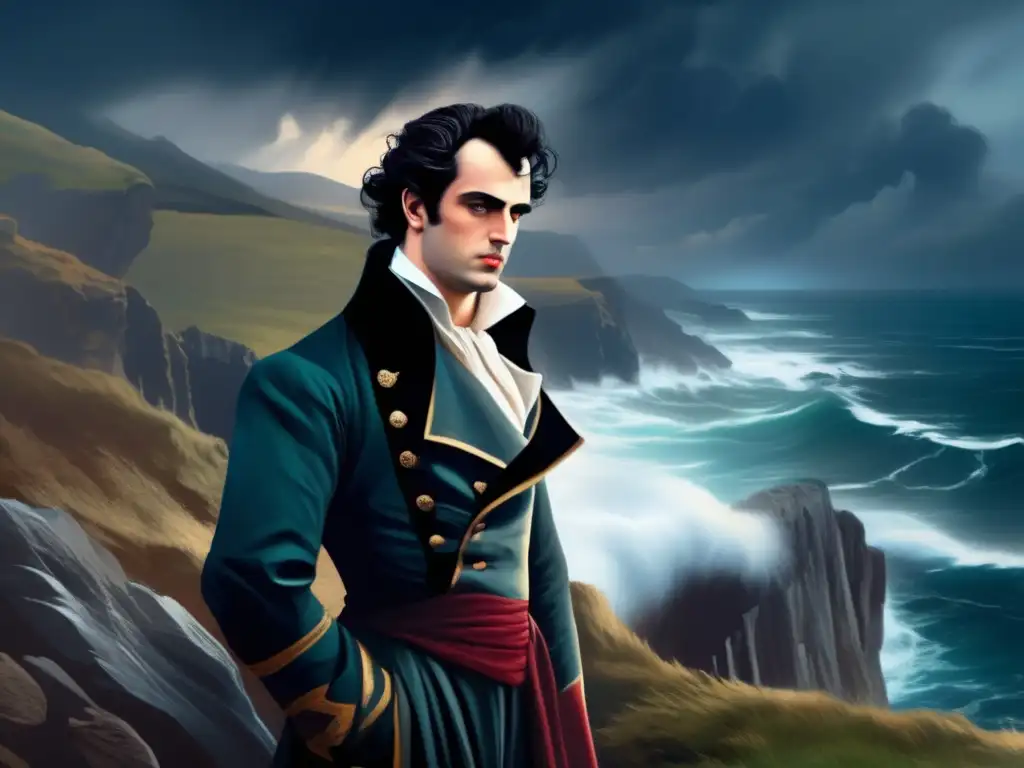 Un retrato digital impresionante de Lord Byron en los acantilados, reflejando su vida y obra con dramatismo y emoción