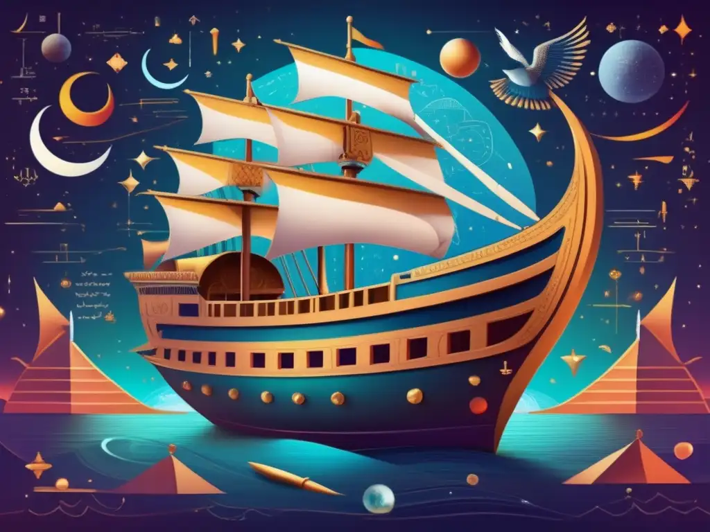 Un retrato digital impresionante de AlKhwarizmi en un antiguo barco, rodeado de herramientas de navegación celestial y símbolos matemáticos