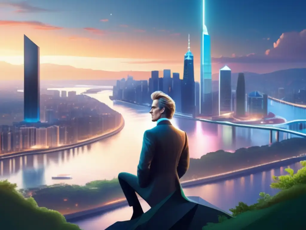 Un retrato digital impresionante y detallado de Søren Kierkegaard en un paisaje urbano y natural, capturando su legado existencialista y cristiano