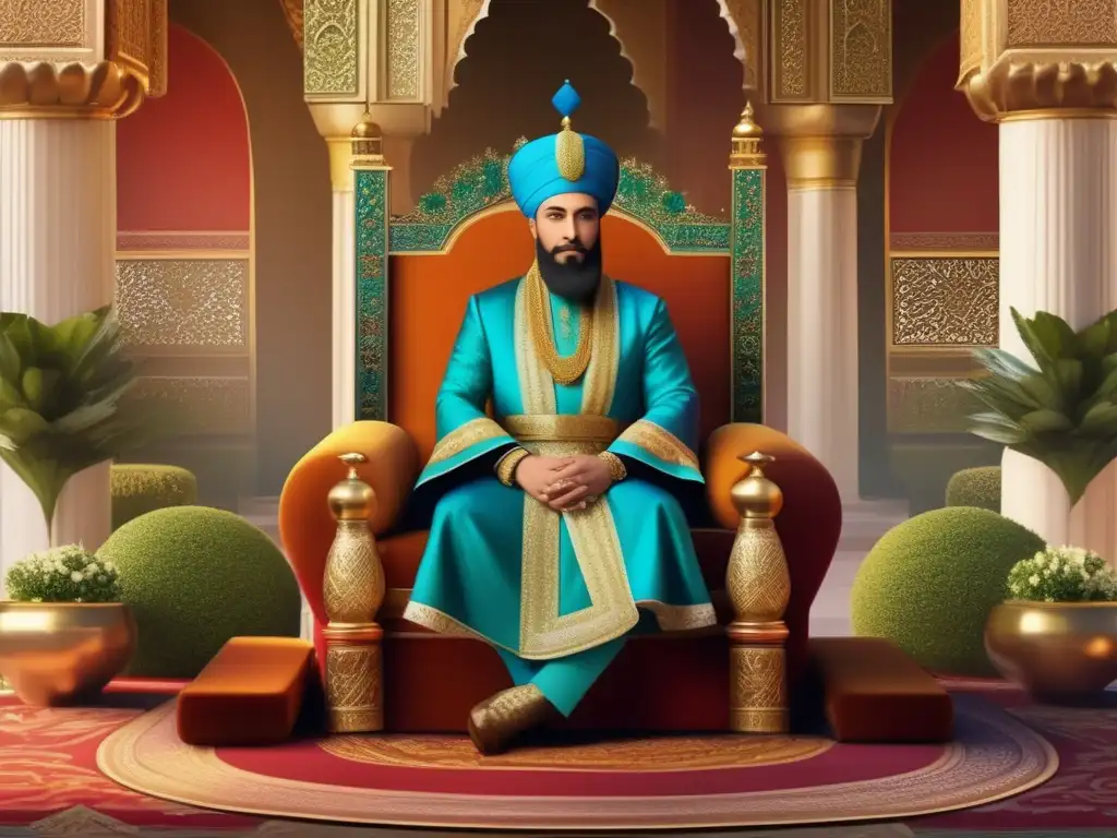 Un retrato digital impresionante del Sultan Suleiman el Magnífico en su trono, rodeado de opulenta arquitectura y exuberantes jardines
