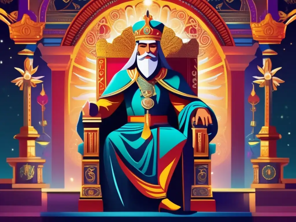 Un retrato digital impresionante del mítico Preste Juan, rodeado de símbolos cristianos en un trono majestuoso