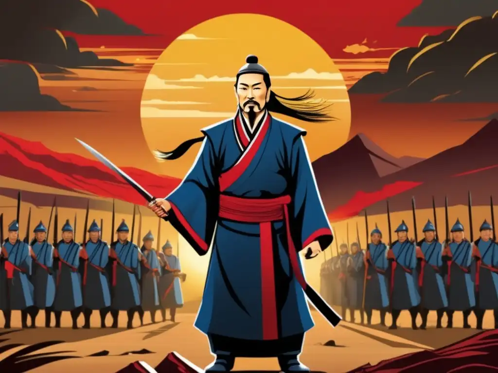 Un retrato digital impresionante y moderno de Sun Tzu, líder estratégico, en un campo de batalla, con un aura de brillantez estratégica