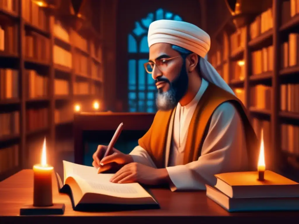 Un retrato digital impresionante en 8k de Ibn Khaldun escribiendo su obra maestra 'Muqaddimah', rodeado de libros antiguos