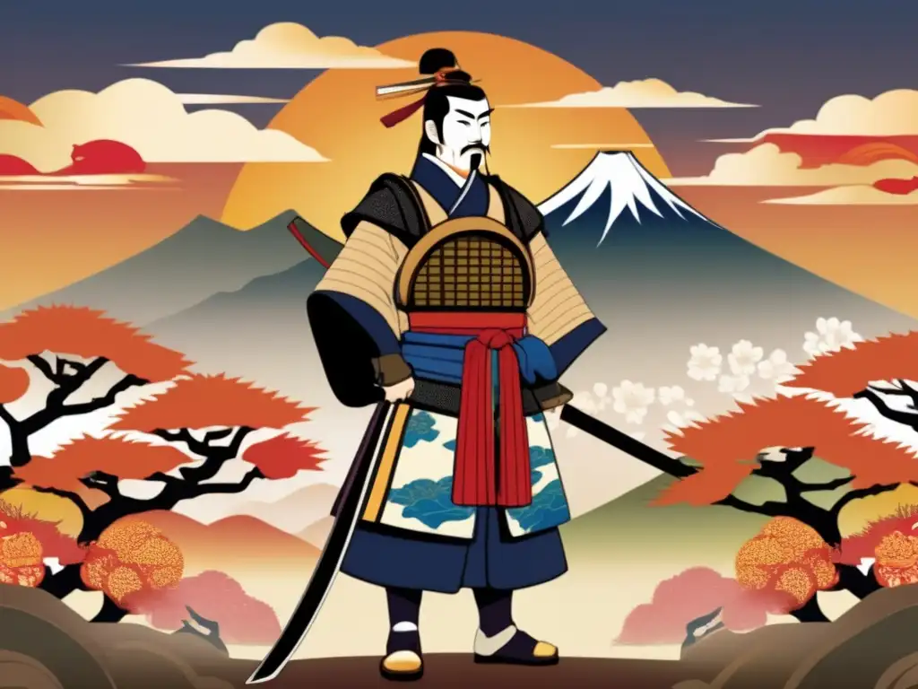 El líder samurái Toyotomi Hideyoshi: unificador de Japón Un retrato digital impresionante de Toyotomi Hideyoshi, el unificador de Japón, en su armadura samurái, sosteniendo un abanico de guerra