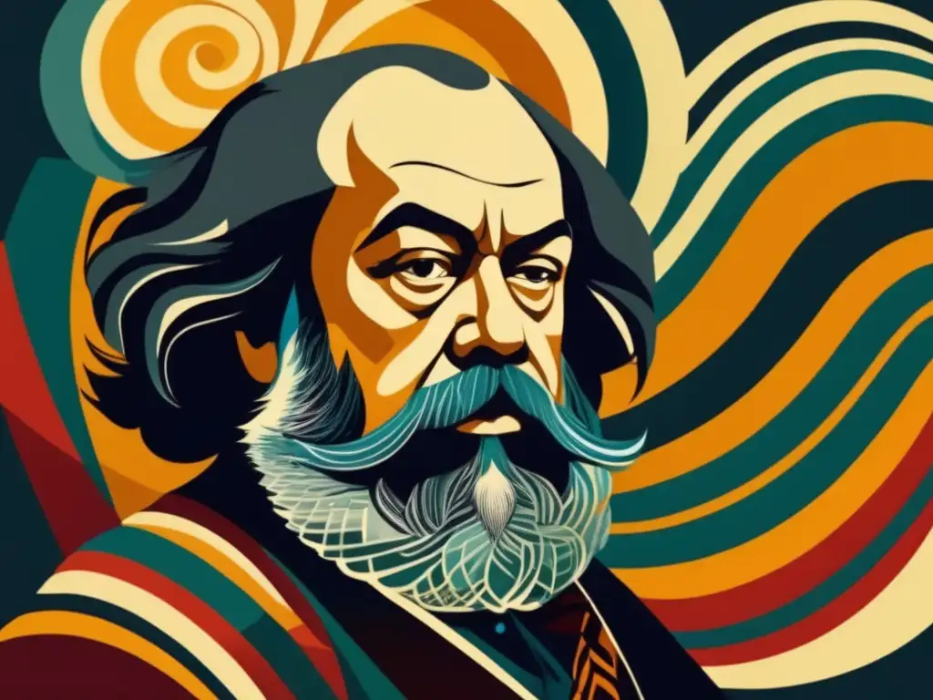 Un retrato digital de Mijaíl Bakunin inmerso en sus ideas anarquistas, rodeado de patrones abstractos que representan la complejidad de su pensamiento revolucionario y la búsqueda de libertad más allá del estado