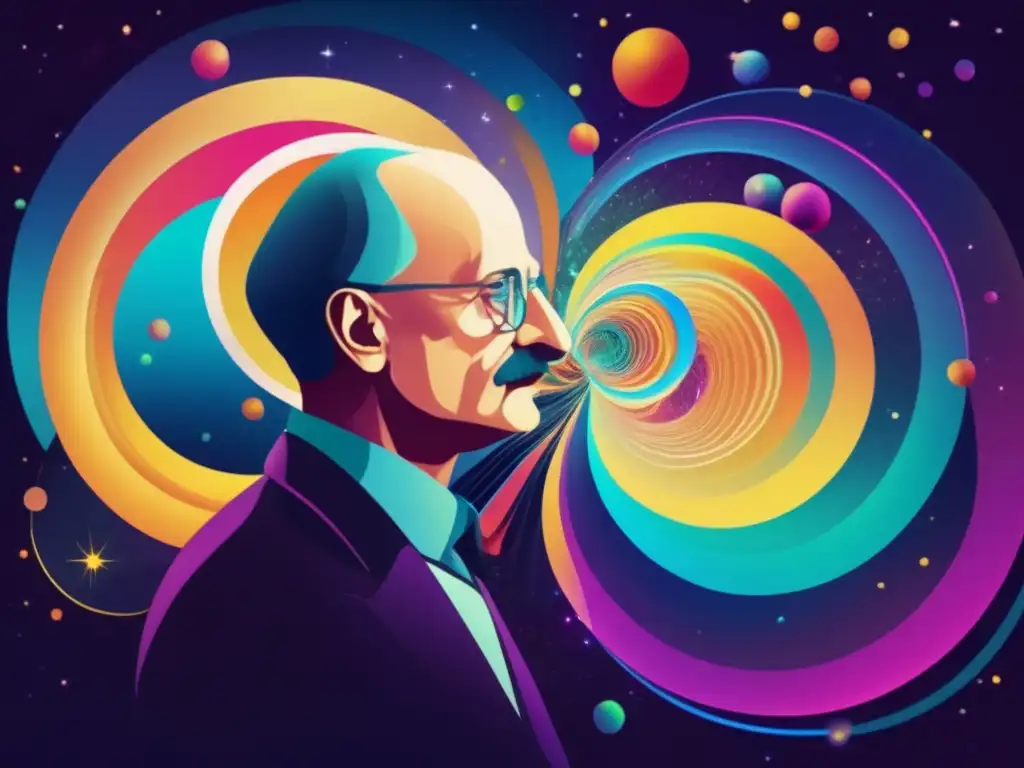 Un retrato digital de Max Planck inmerso en partículas cuánticas y campos energéticos, reflejando asombro y reflexión sobre 'Dios en la física cuántica'