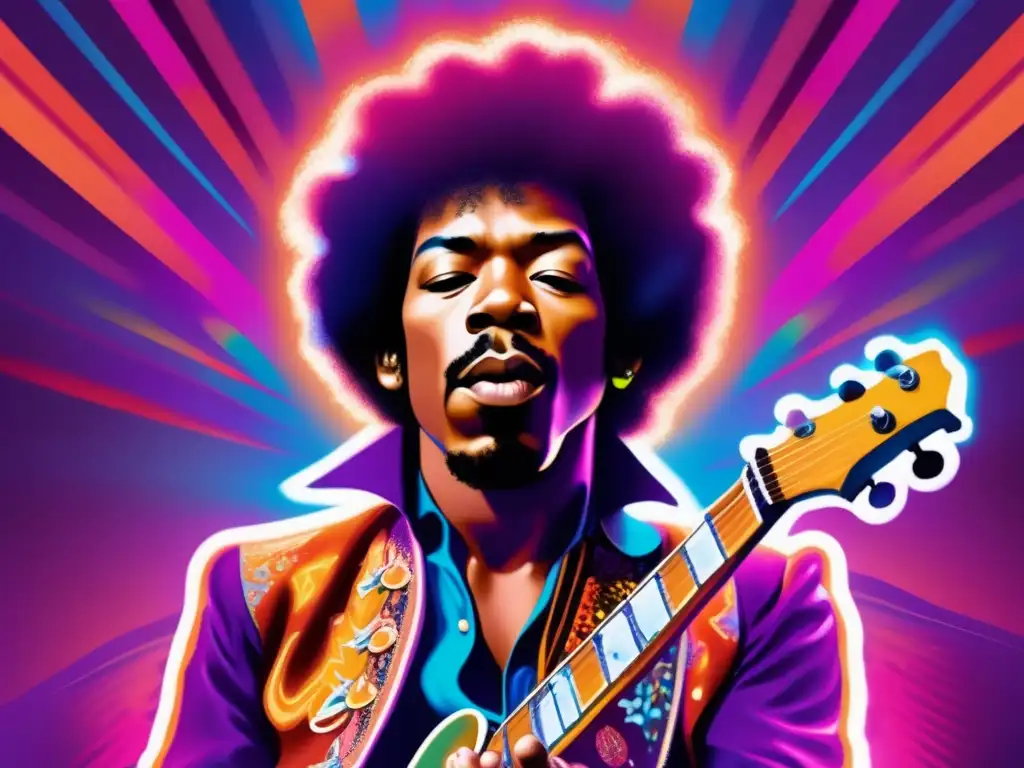 Un retrato digital de alta resolución de Jimi Hendrix en el escenario, rodeado de patrones psicodélicos y colores vibrantes