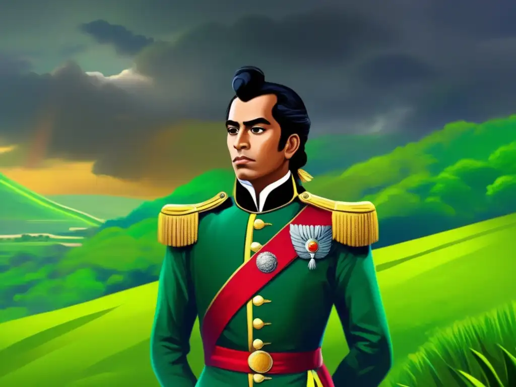 Un retrato digital de Simón Bolívar en la juventud, con expresión resuelta, rodeado de naturaleza exuberante y nubes tormentosas