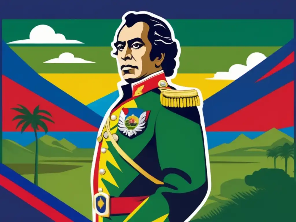 El retrato digital de Simón Bolívar gesta libertaria nación irradia determinación y orgullo, con colores vibrantes y paisaje venezolano