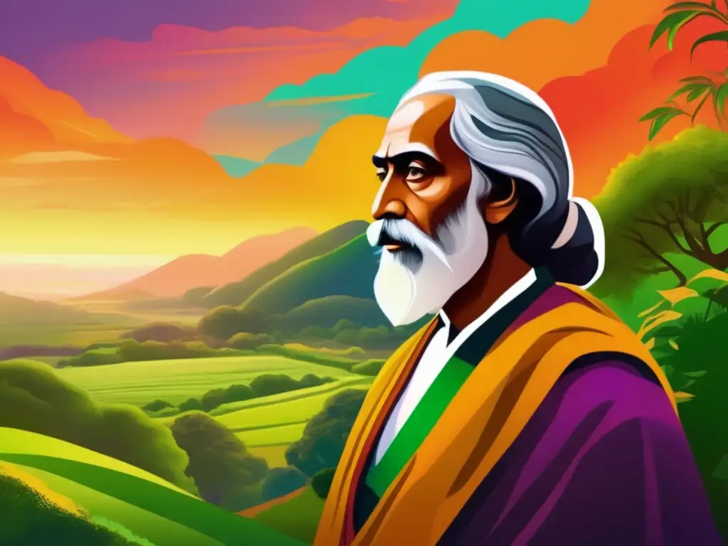 Un retrato digital moderno en alta resolución de Rabindranath Tagore en un paisaje exuberante y vibrante