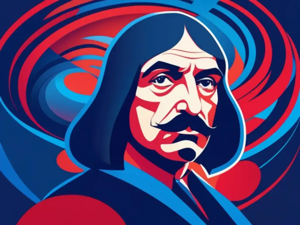 Un retrato digital moderno de René Descartes inmerso en sus pensamientos, rodeado de abstracciones que representan la duda y la certeza
