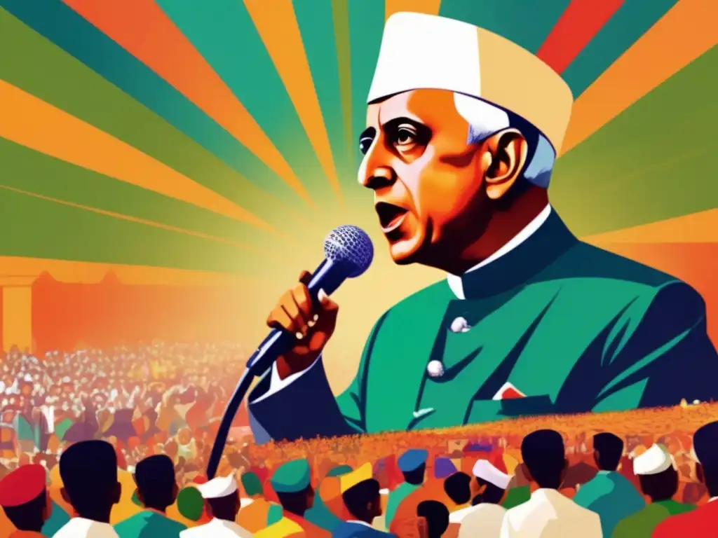 Un retrato digital moderno de Jawaharlal Nehru liderando un discurso apasionado, capturando su carisma y su dedicación a la independencia de la India