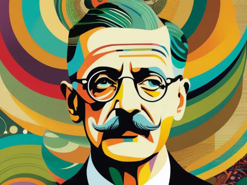 Un retrato digital moderno de James Joyce con elementos abstractos que representan la complejidad de su obra literaria
