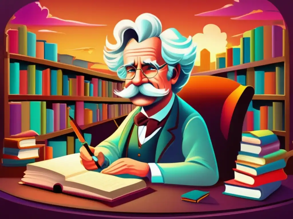 Un retrato digital moderno de Mark Twain en su escritorio, rodeado de libros y manuscritos
