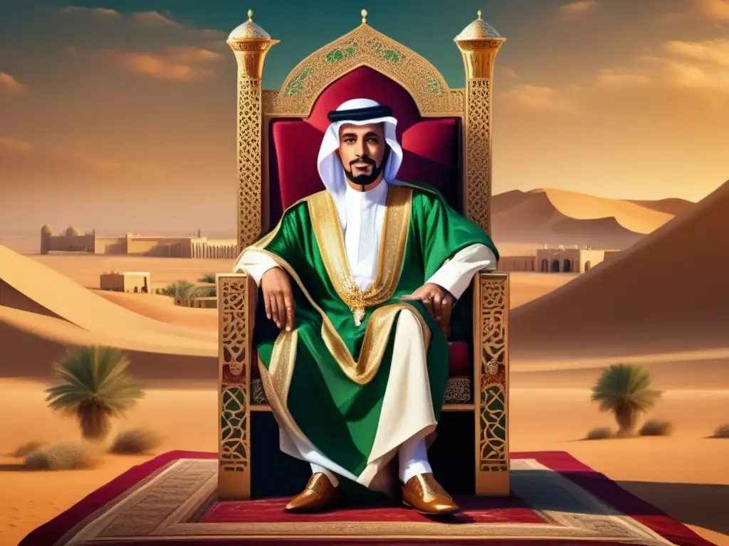 Un retrato digital moderno de alta resolución del Rey Faisal de Arabia Saudita, sentado en un trono con el desierto árabe de fondo y un lujoso palacio