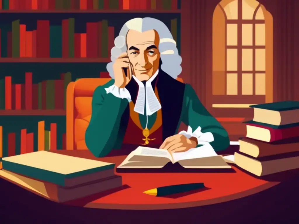Un retrato digital moderno de Voltaire filósofo ilustrado, rodeado de libros y papeles, con una pluma en la mano y expresión pensativa