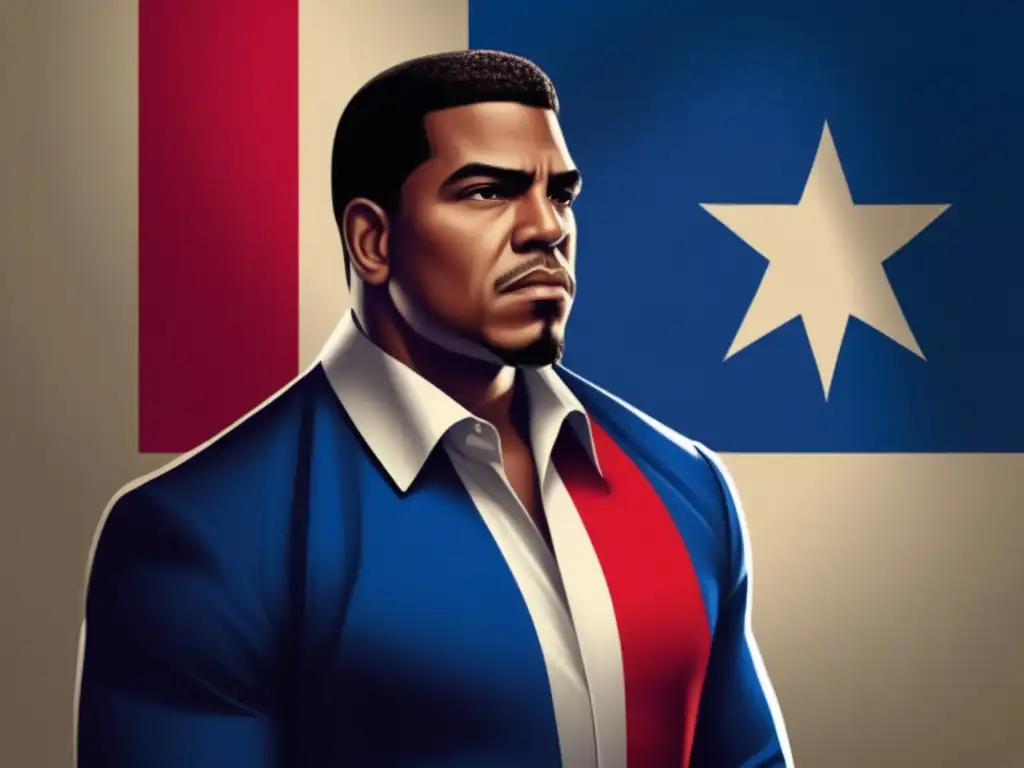 Un retrato digital moderno de Hipólito Mejía frente a la bandera de la República Dominicana