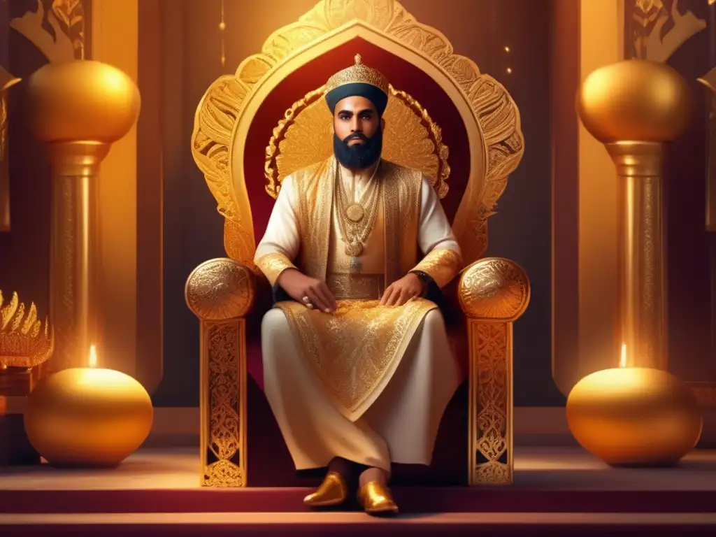 Un retrato digital moderno de Harún al Rashid sentado en un trono majestuoso, rodeado de lujosas decoraciones y sosteniendo un cetro dorado