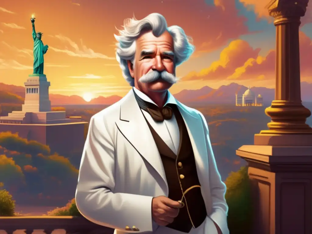 Un retrato digital moderno de Mark Twain en su icónico traje blanco, bigote frondoso y mirada traviesa