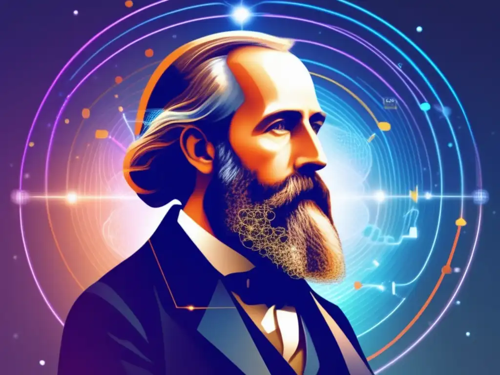 Un retrato digital moderno de James Clerk Maxwell inmerso en el pensamiento, rodeado de ecuaciones y líneas de campo electromagnético