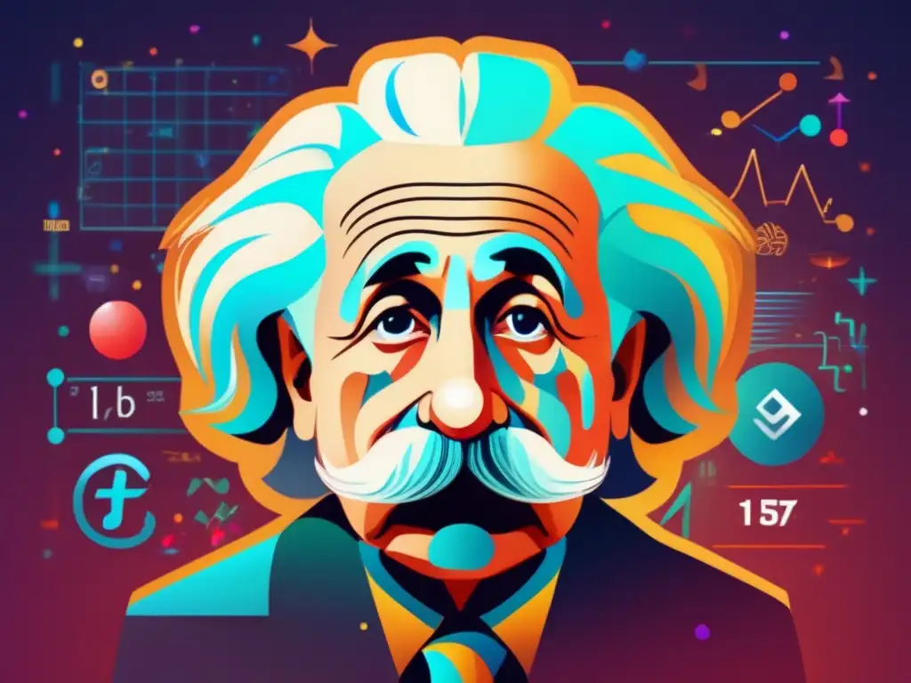 Un retrato digital moderno de Albert Einstein inmerso en sus teorías de la relatividad, rodeado de símbolos científicos y colores vibrantes
