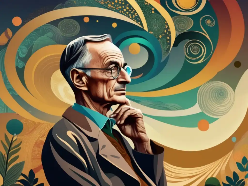Un retrato digital moderno de Herman Hesse inmerso en sus pensamientos, rodeado de imágenes etéreas que representan su viaje literario y espiritual