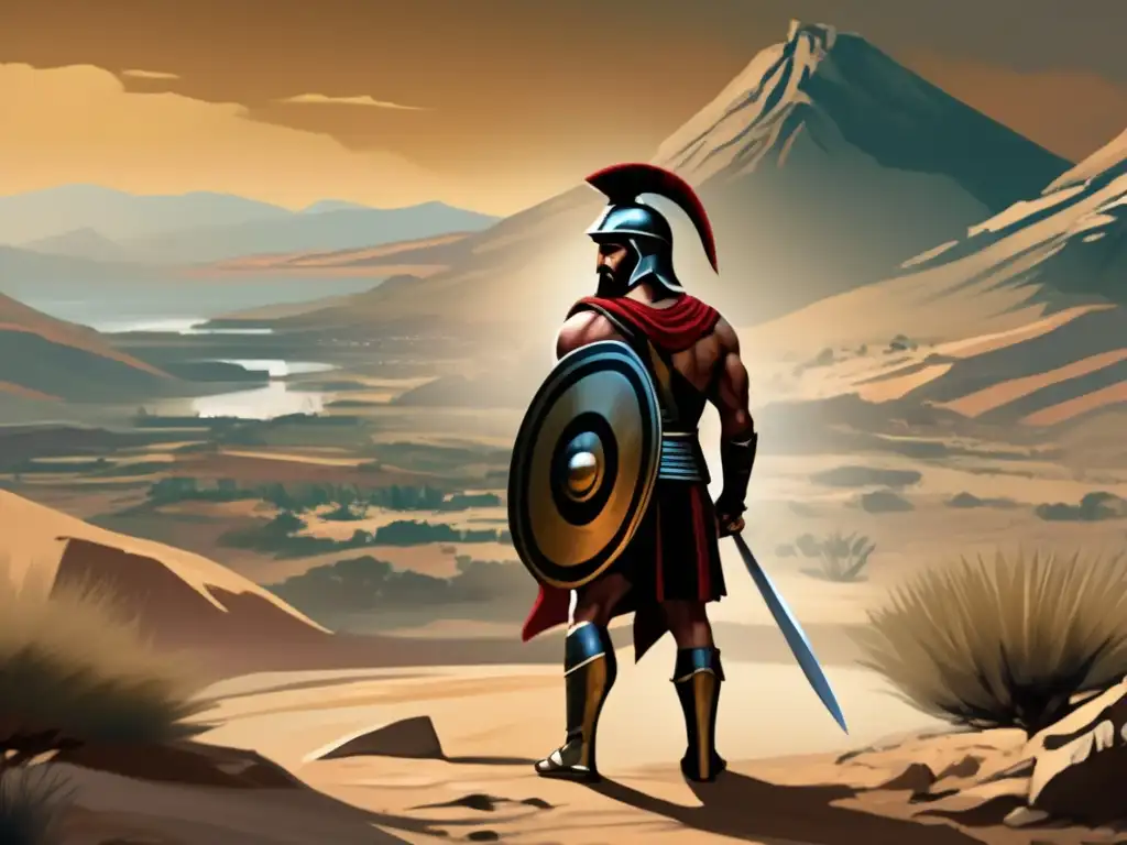 Un retrato digital moderno de alta resolución de Leonidas de Esparta en su icónica armadura, con el árido paisaje de Termópilas de fondo