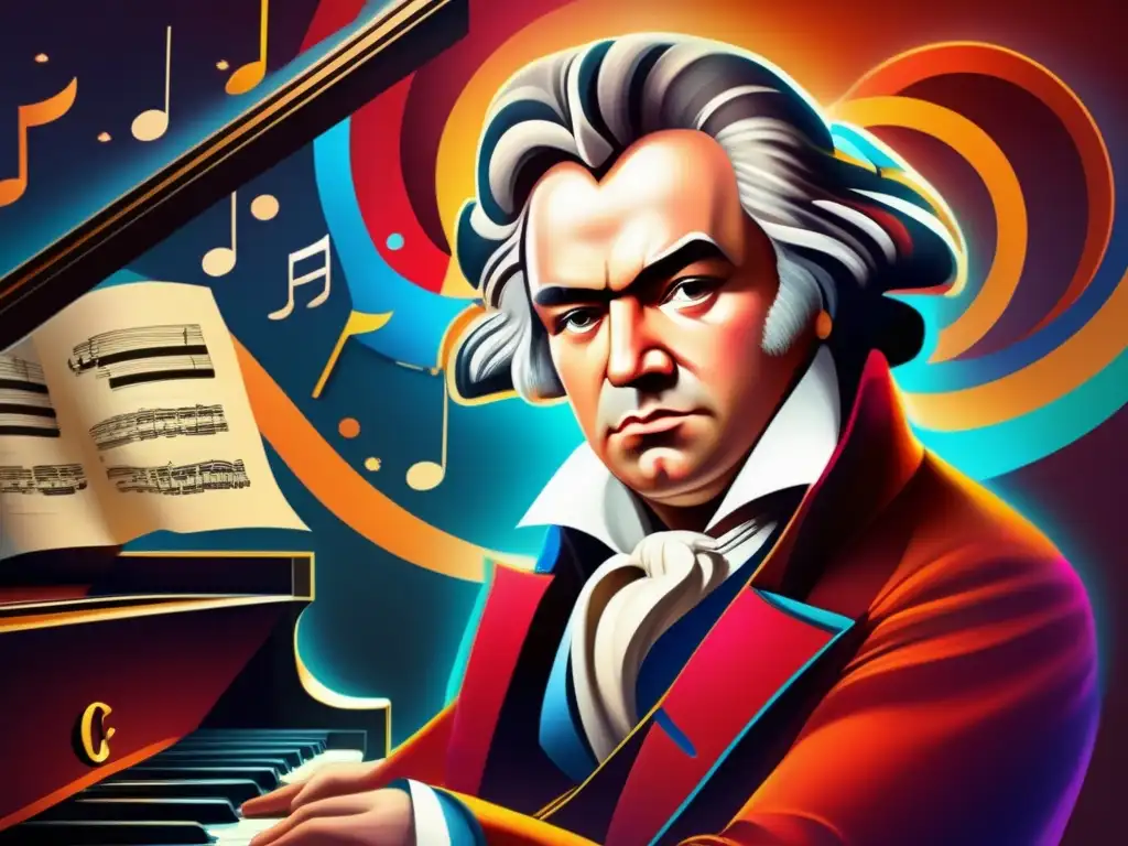 Un retrato digital moderno de Beethoven, con su mirada intensa mientras toca el piano, rodeado de notas musicales