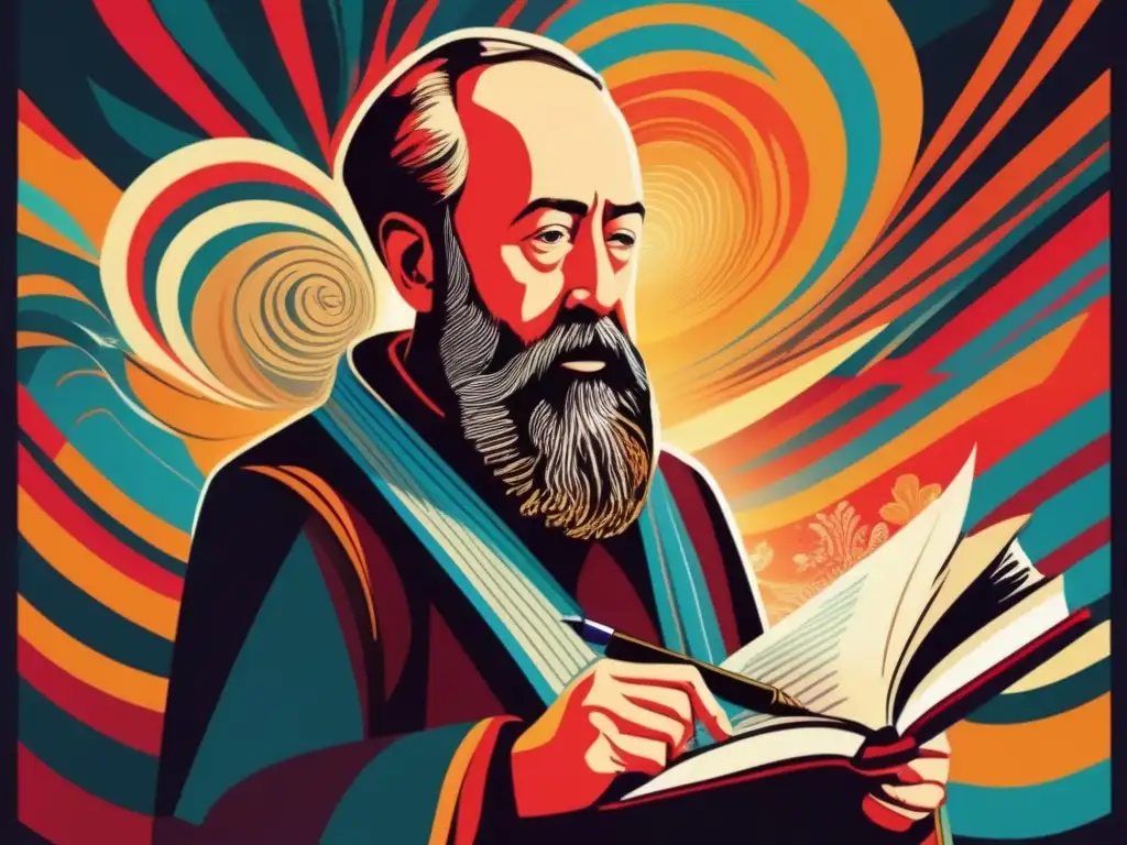 Un retrato digital de alta resolución y moderno que representa a Aleksandr Solzhenitsyn de pie, desafiante, con una pluma en una mano y un libro en la otra