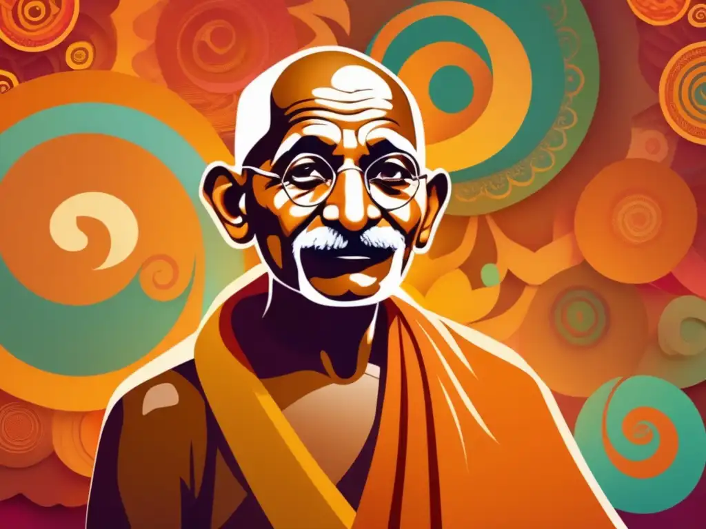 Un retrato digital moderno de Mahatma Gandhi en pose contemplativa, rodeado de patrones vibrantes