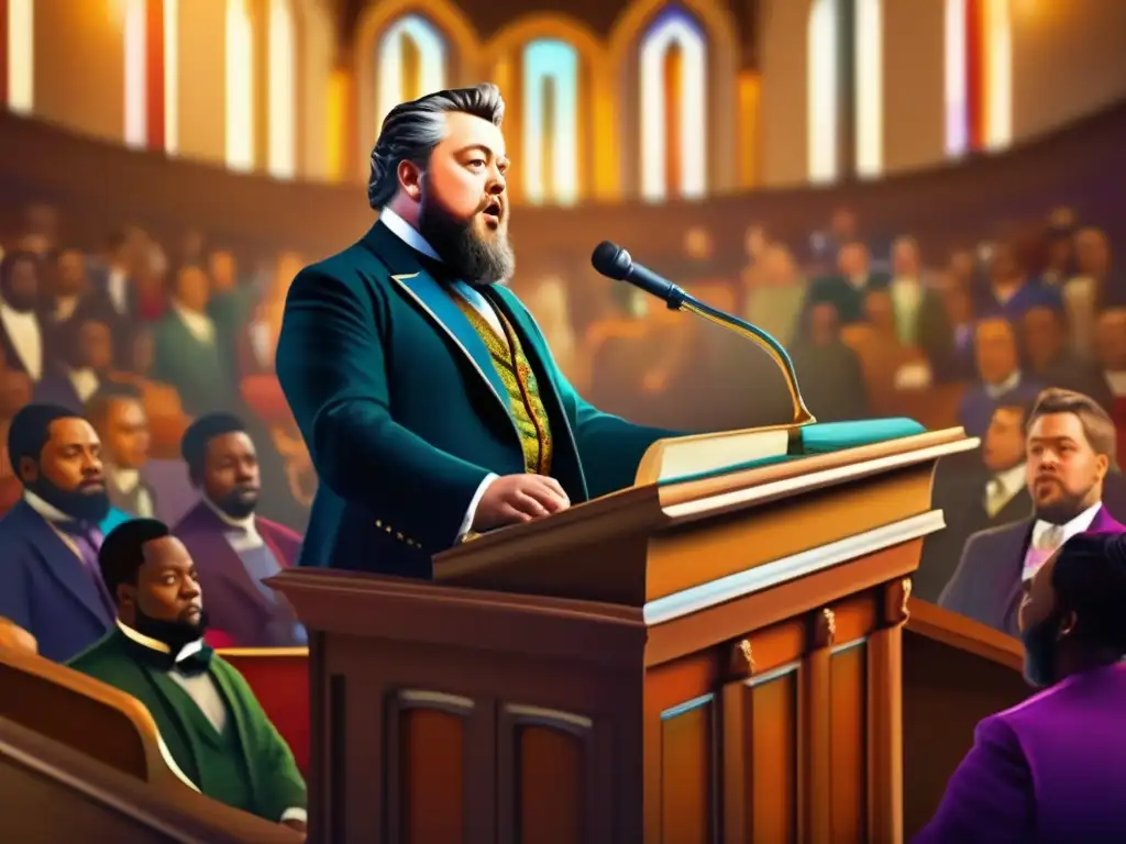 Un retrato digital moderno de Charles Spurgeon predicando apasionadamente desde el púlpito, rodeado de una audiencia diversa