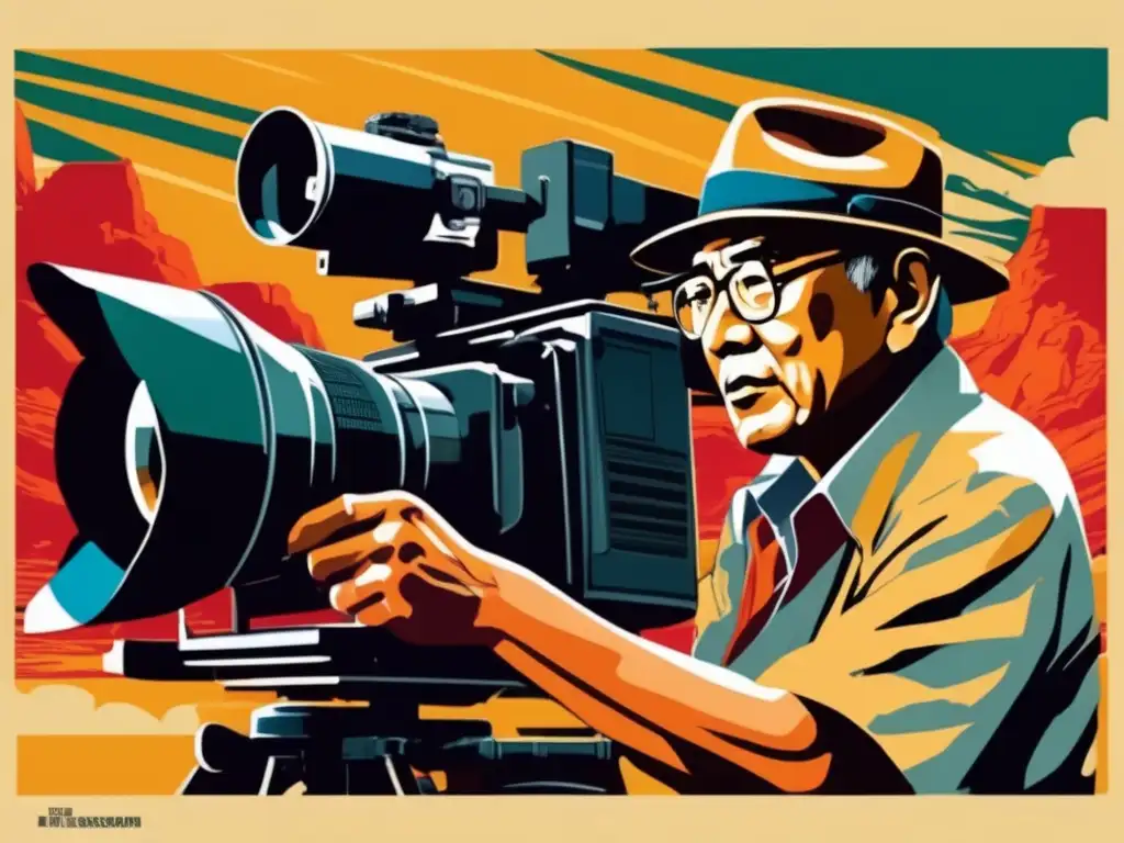 Un retrato digital moderno de Akira Kurosawa, rodeado de escenas icónicas de sus películas