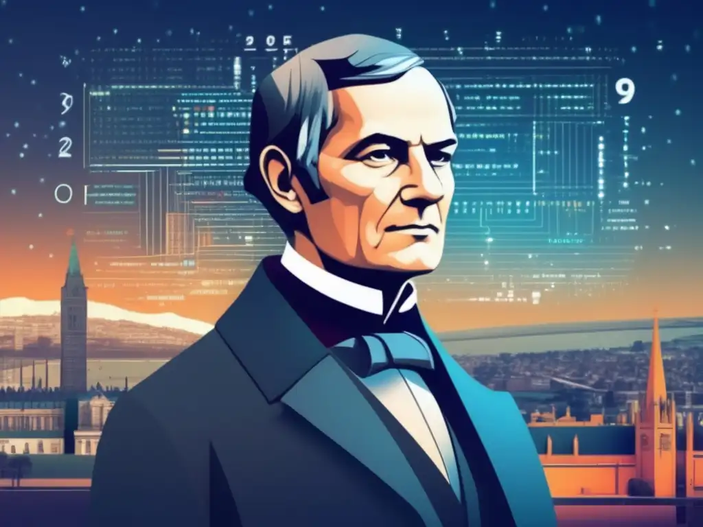 Un retrato digital moderno de George Boole rodeado de ecuaciones matemáticas y código binario, con una ciudad futurista de fondo