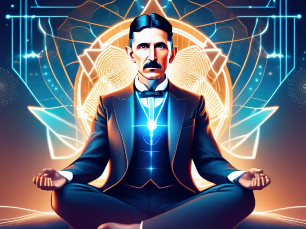 Un retrato digital moderno de Nikola Tesla en meditación, rodeado de energía luminosa y patrones de circuitos