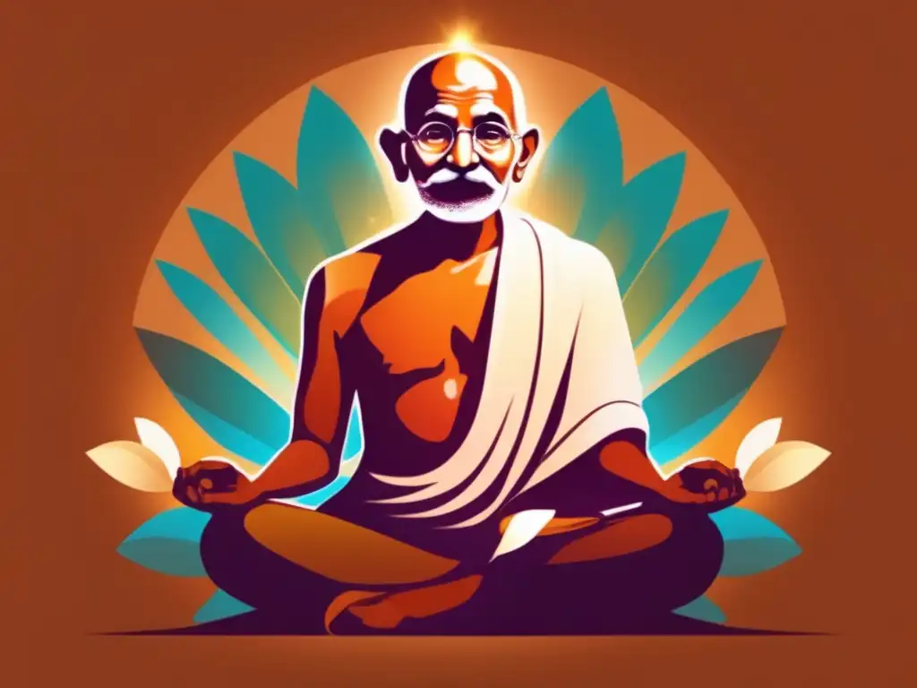 Un retrato digital moderno de Mahatma Gandhi en meditación, rodeado de una aura pacífica y rayos de luz
