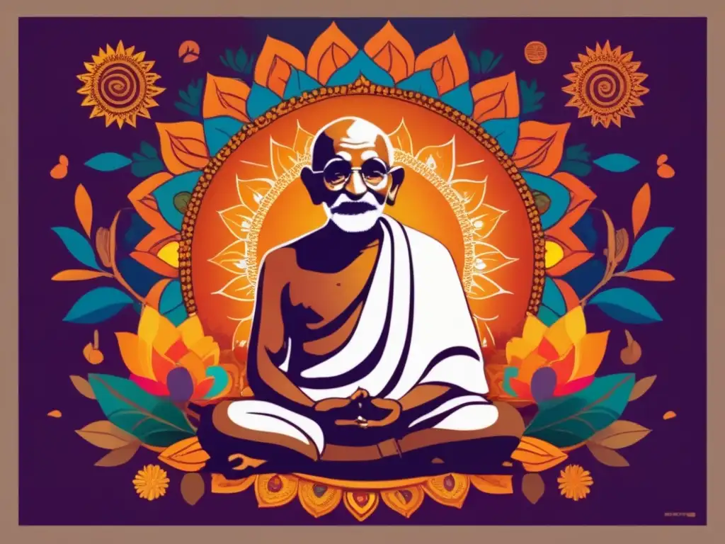 Meditación de Gandhi: Arte digital de alta resolución - Retrato digital moderno de alta resolución de Mahatma Gandhi meditando, rodeado de símbolos de paz y unidad