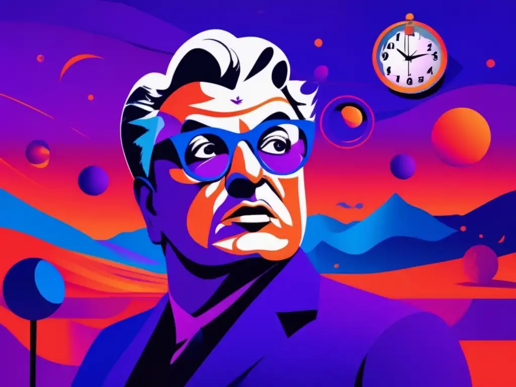 Un retrato digital moderno de Federico Fellini rodeado de elementos surrealistas como relojes flotantes, rostros distorsionados y paisajes oníricos
