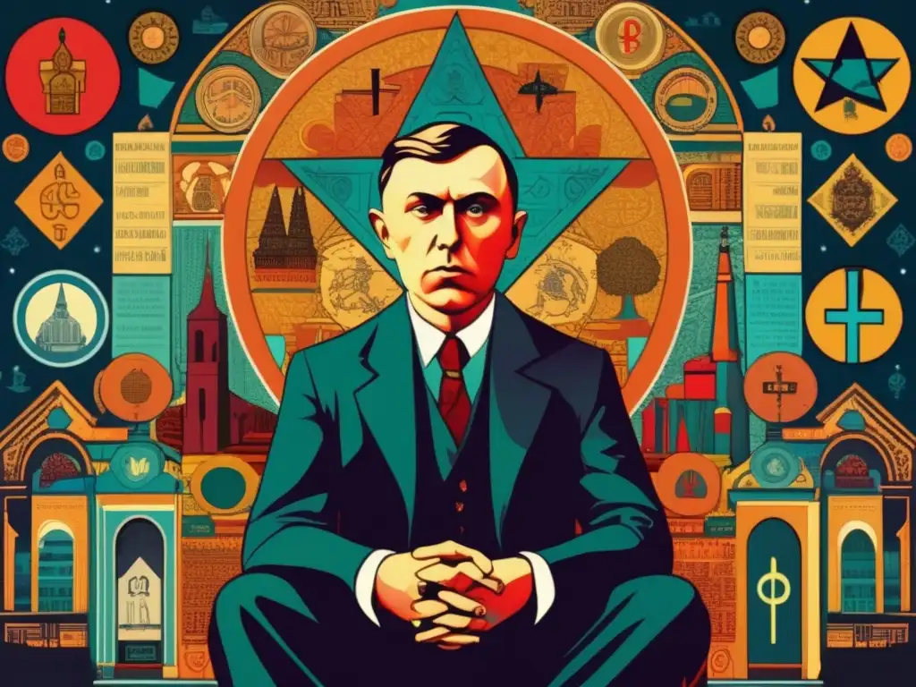 Un retrato digital moderno de Sergei Bulgakov inmerso en pensamientos profundos, rodeado de símbolos teológicos y elementos económicos