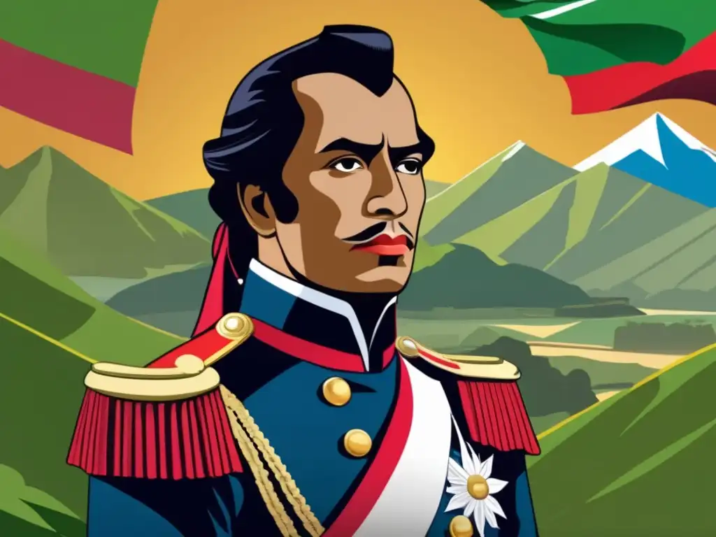 Un retrato digital moderno de Simón Bolívar en uniforme militar, con determinación en su mirada