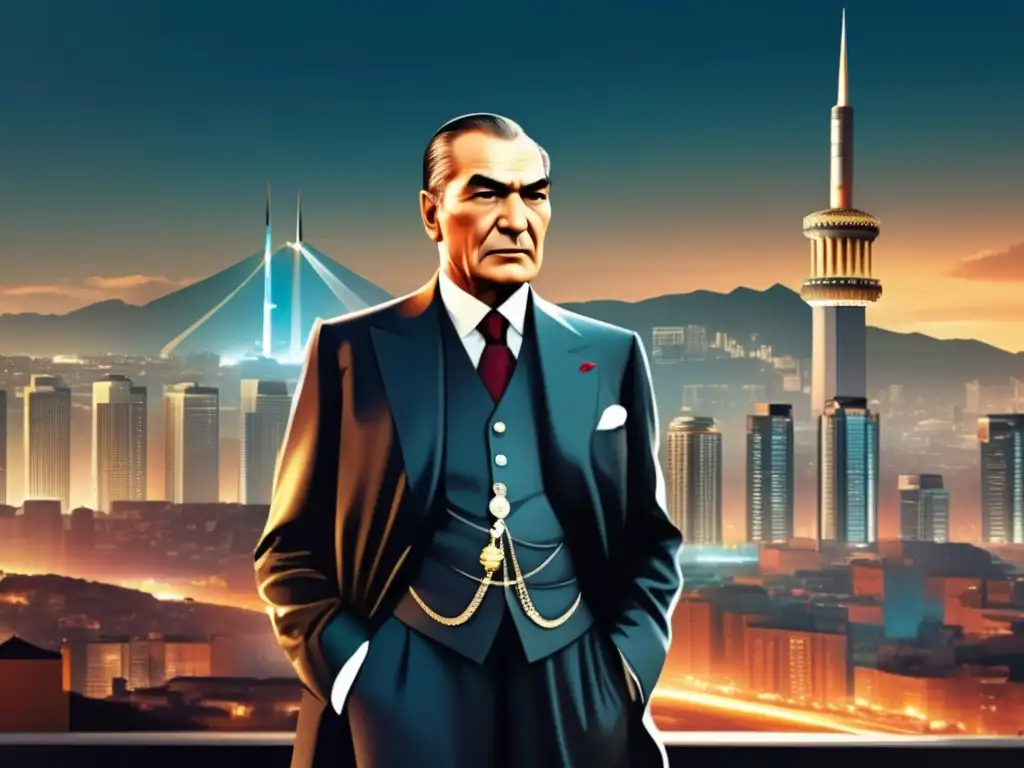 Un retrato digital moderno y vibrante de Mustafa Kemal Atatürk con una ciudad turca moderna de fondo