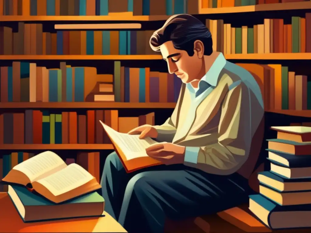 Un retrato digital de Octavio Paz, inmerso en la lectura rodeado de libros, reflejando su curiosidad intelectual y pasión por el conocimiento