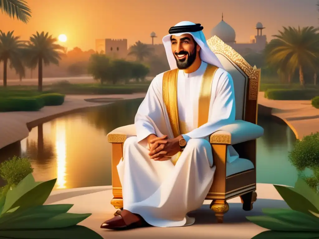 Biografía de Sheikh Zayed bin Sultan Al Nahyan: retrato digital con paisaje majestuoso y cálido atardecer, evocando su liderazgo visionario