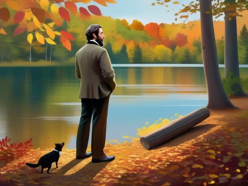 Un retrato digital de alta resolución de Henry David Thoreau contemplando serenamente el paisaje de Walden Pond en otoño, reflejado en el agua clara