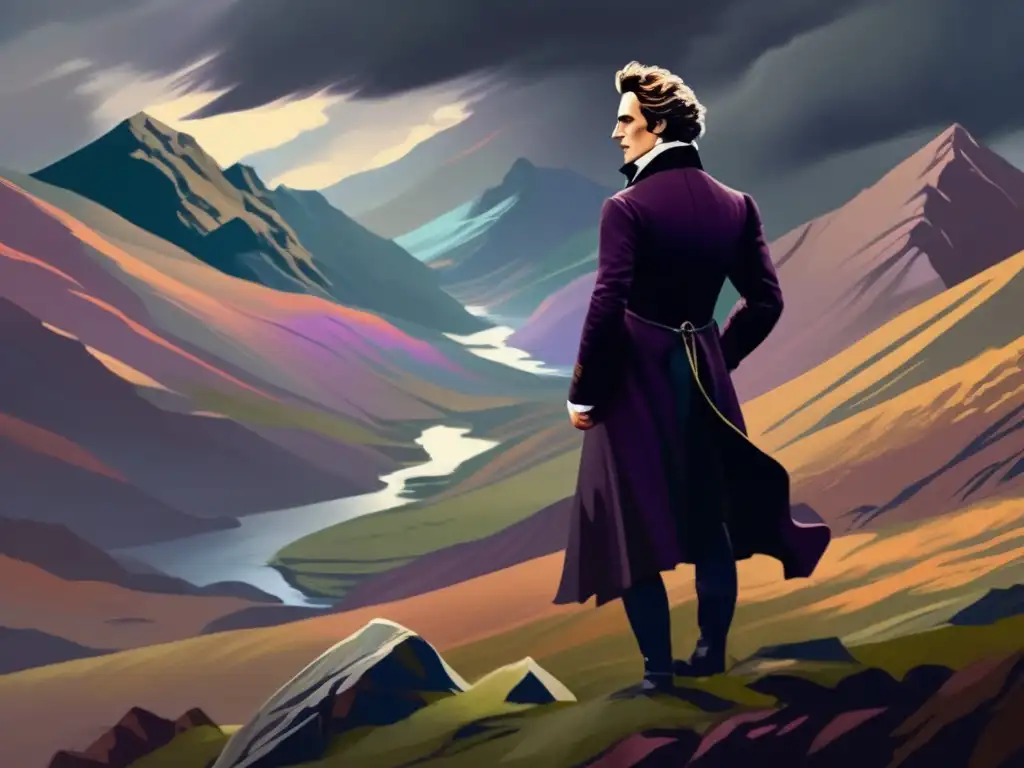 Un retrato digital de alta resolución de Percy Bysshe Shelley en un paisaje ventoso y montañoso