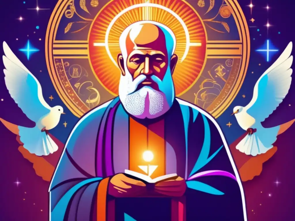 Un retrato digital de Plotino, filósofo neoplatónico, inmerso en reflexión, rodeado de luz etérea y simbología cristiana